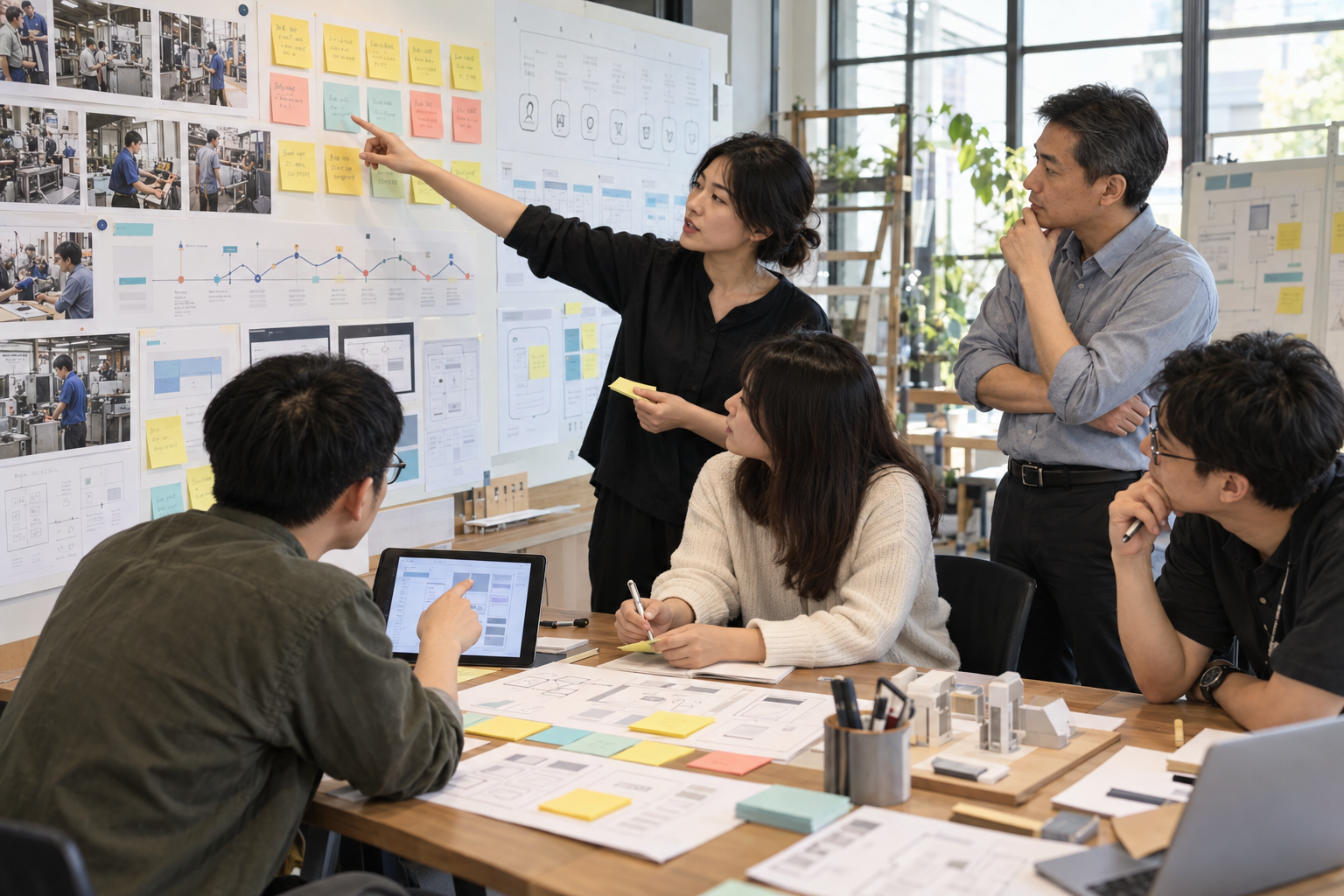 跨角色團隊進行需求探索與原型討論的 AI 情境示意